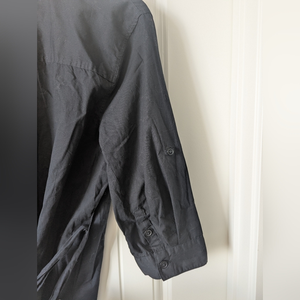 Classic Black Cotton Button-Front Shirt Dress with Belt, Pockets 3/4 Sleeves LG - Picture 12 of 12